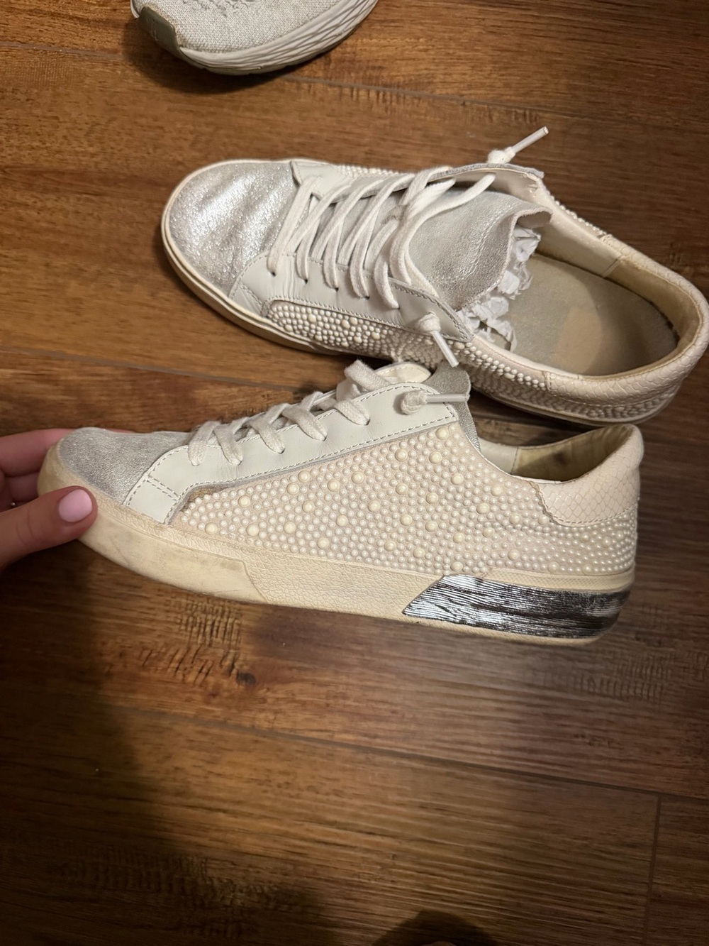 Dolce Vita Pearl-Embellished Cream Sneakers with Silver Heel Accent